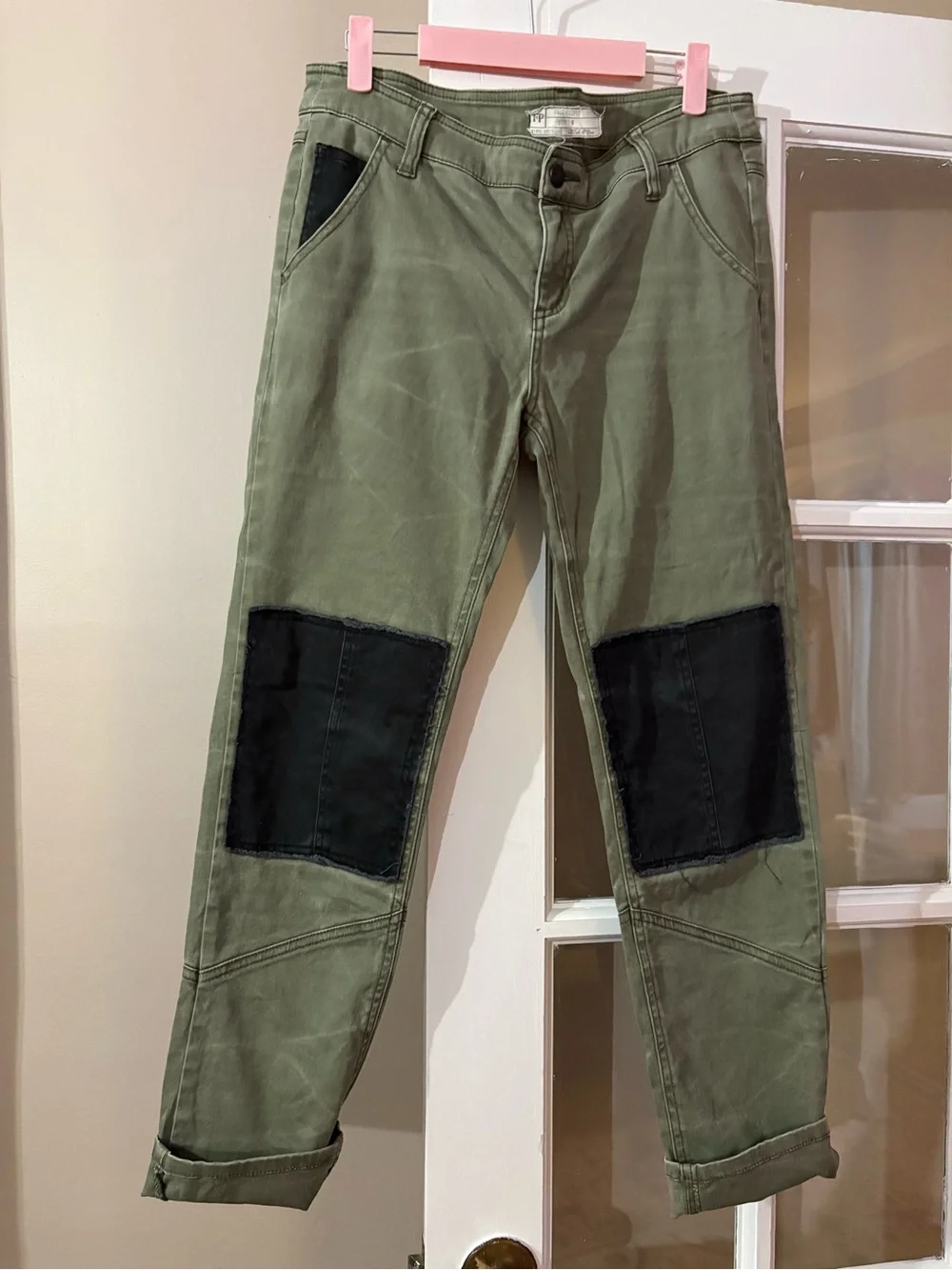 Free People Olive Green Utility-Style Pants with Black Button Detail